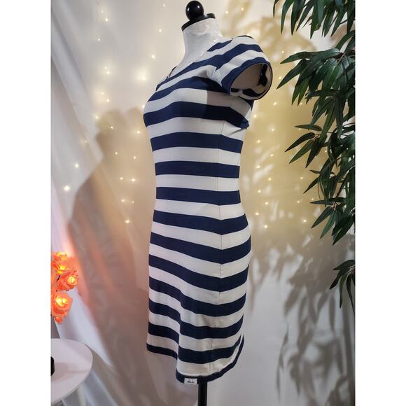 Claudio Milano Nautical Stripe Short Sleeve Cotton Bodycon Dress Womens Size L - Picture 2 of 7